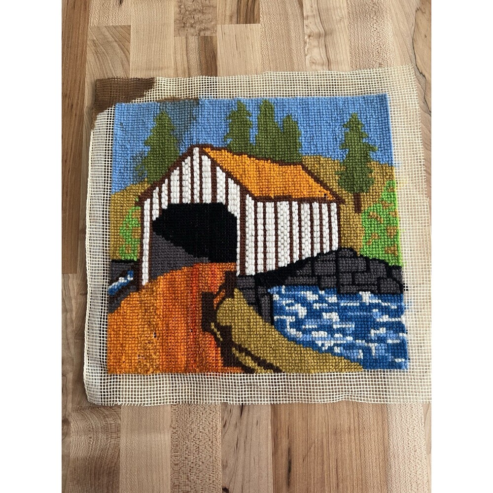 Vintage 60s 70s Completed Needlepoint Covered Bridge Small 10" x 10"